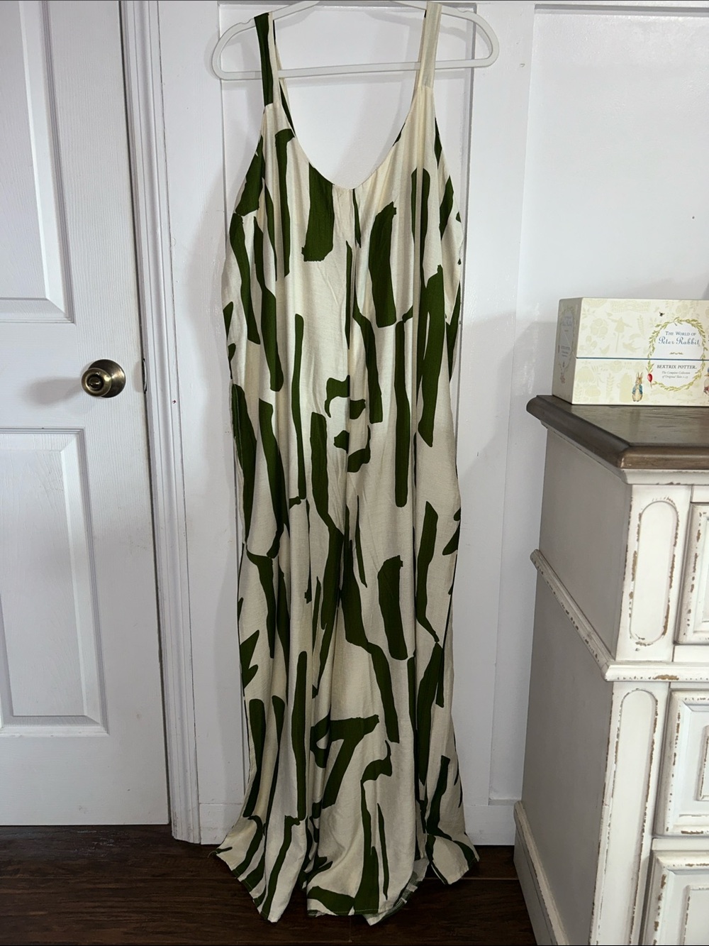 Kaktus Cream and Green Abstract Print Maxi Wide Leg Jumpsuit Women’s 1X